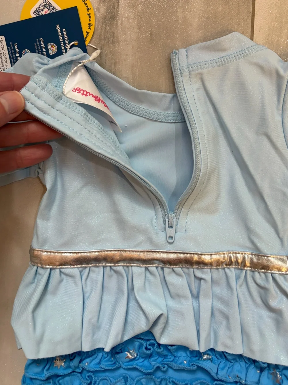 NWT RuffleButts Blue Glass Slipper Princess Long Sleeve Rash Guard Swimsuit 0-3M